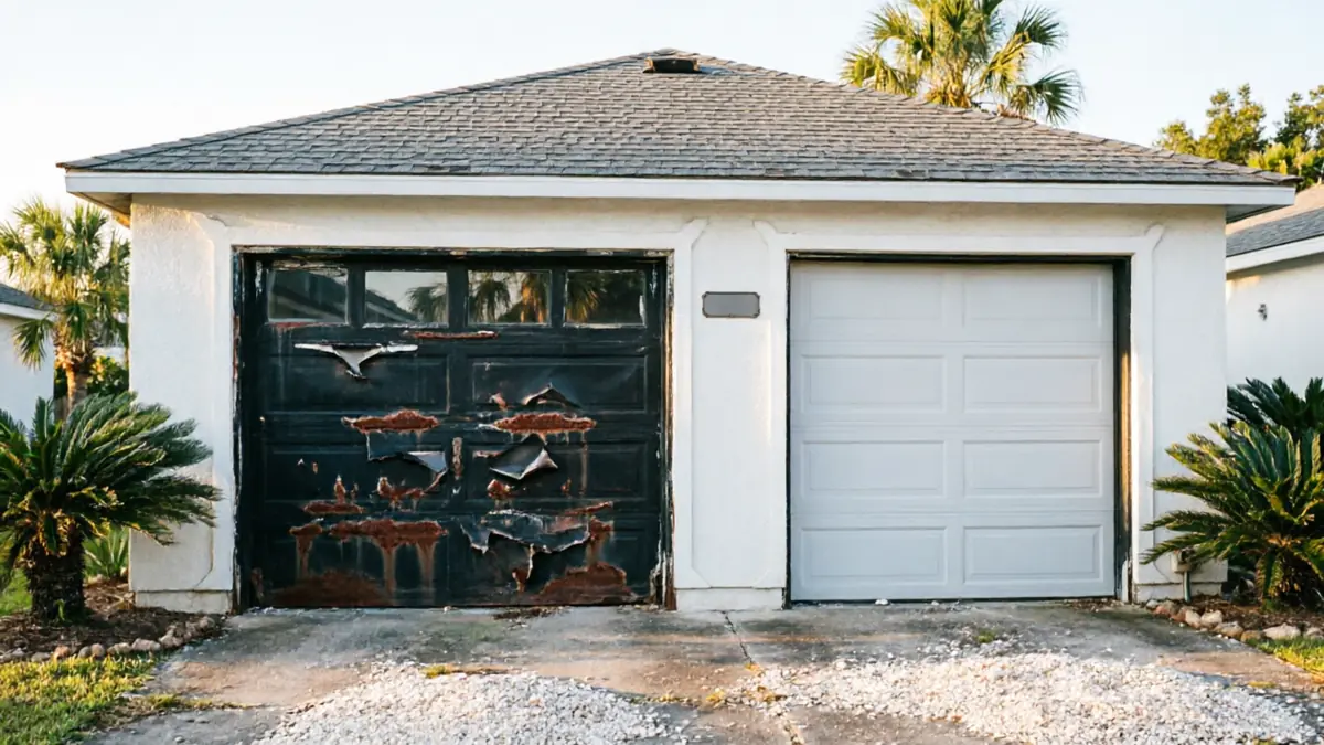 A white garage has one old, rusty black door and one new white door.