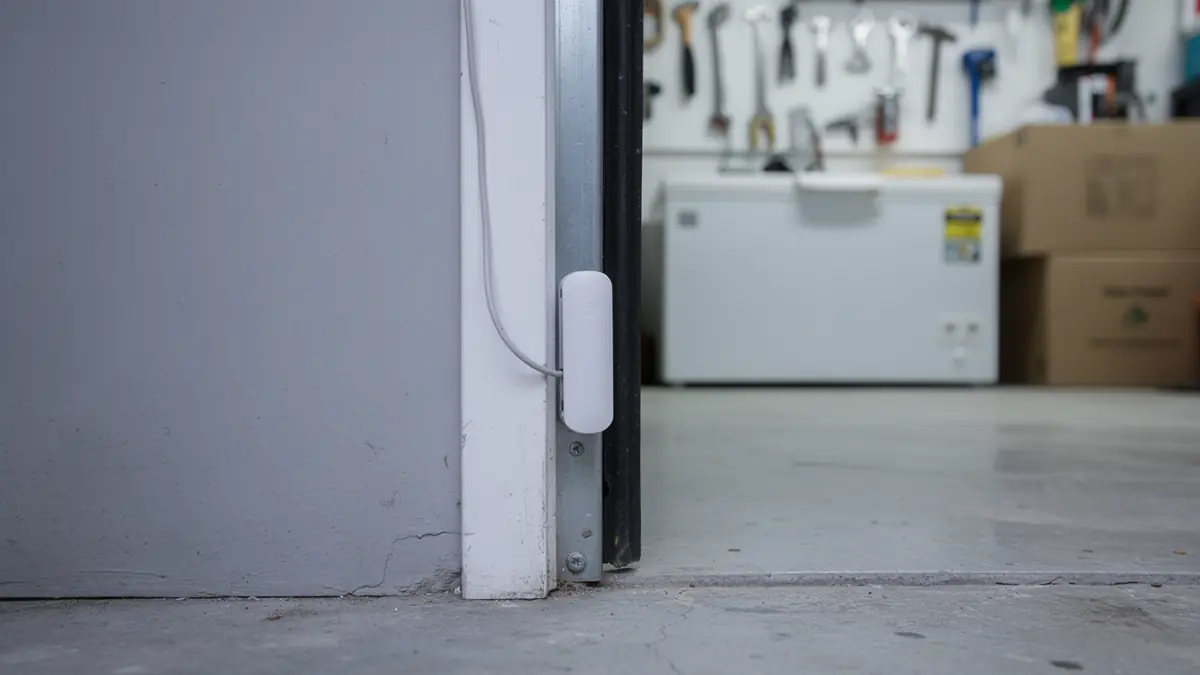 A white sensor is attached to the side of a gray garage door.
