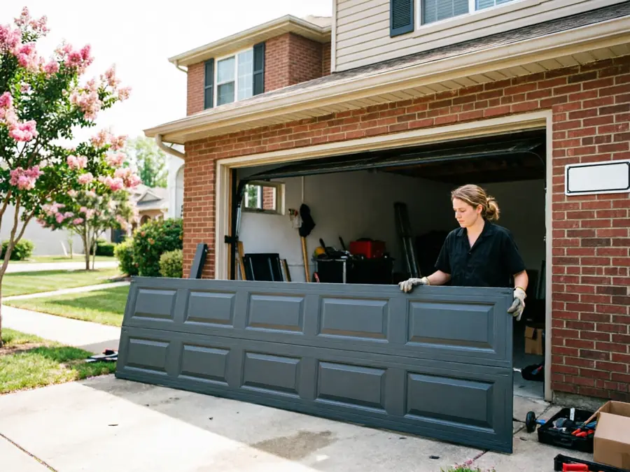 A technician in gloves is holding a gray garage door panel in a driveway.