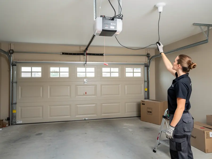 A technician adjusts a wire connected to a garage door opener.