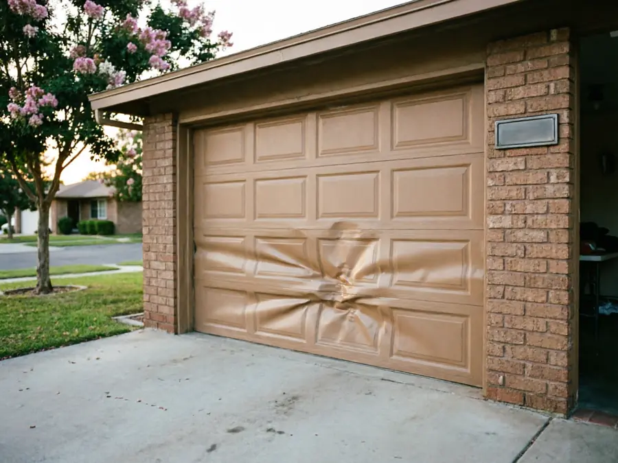 A damaged tan garage door is on a brick house.