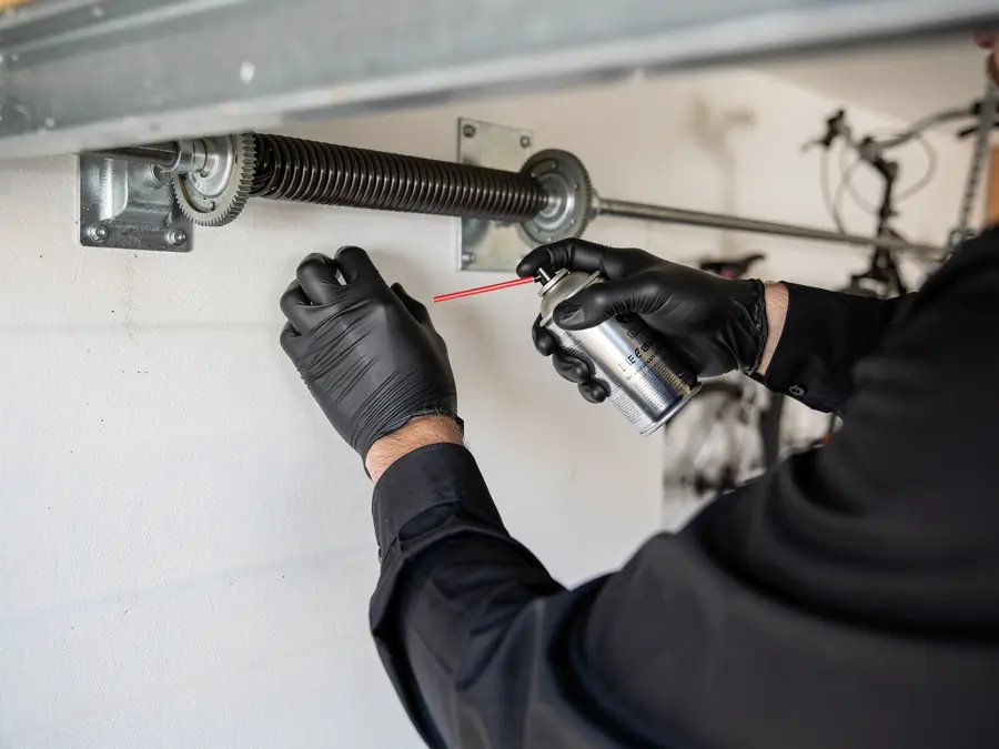 A technician in black gloves sprays lubricant on a garage door torsion spring.