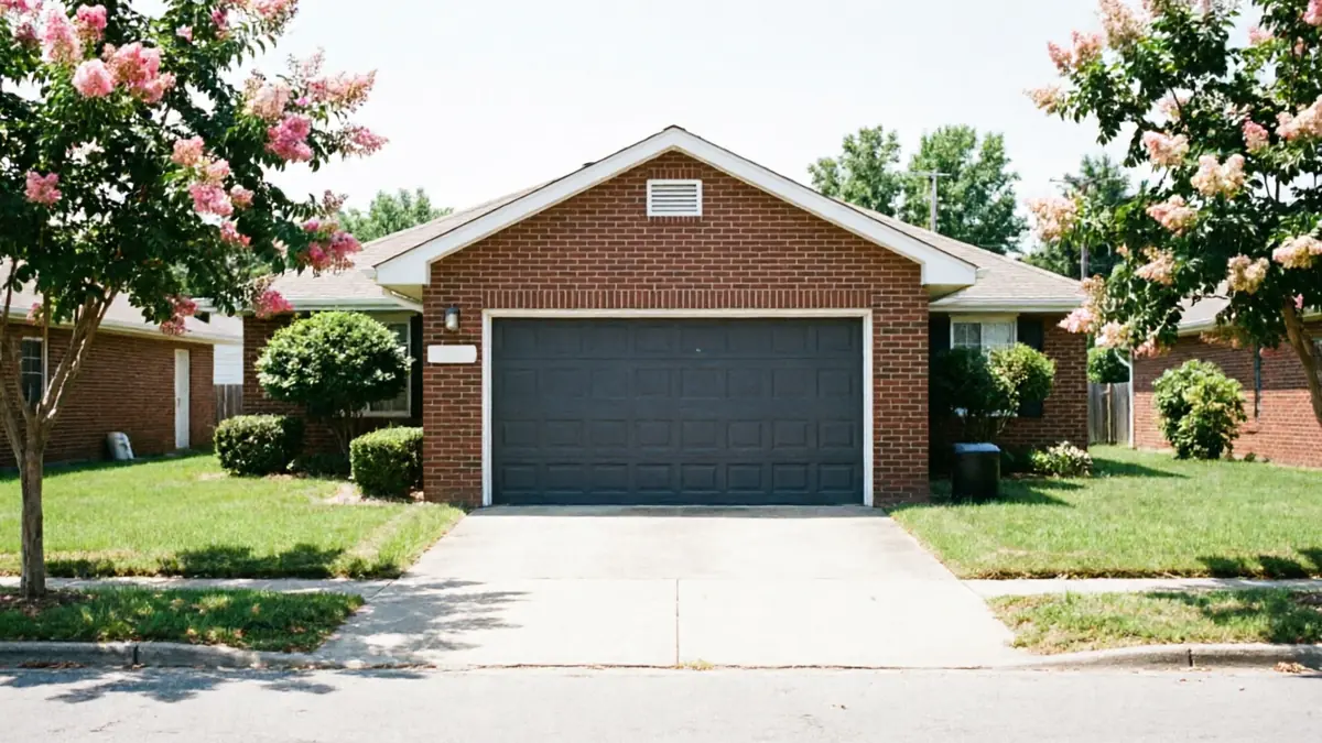 A brick house with a dark gray garage door and a concrete driveway.