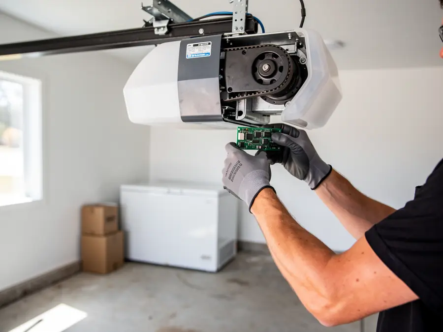 A technician in gloves holds a circuit board near a garage door opener.