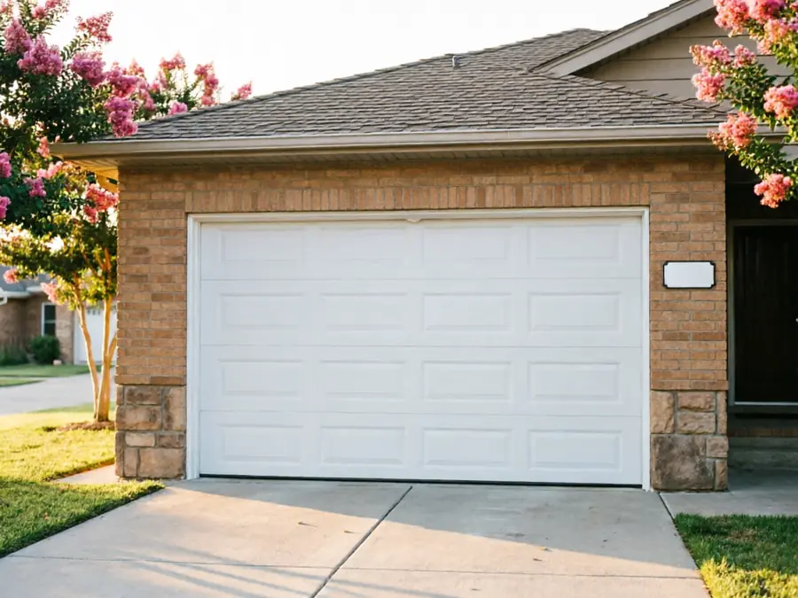 A white garage door is on a brick house with a concrete driveway.