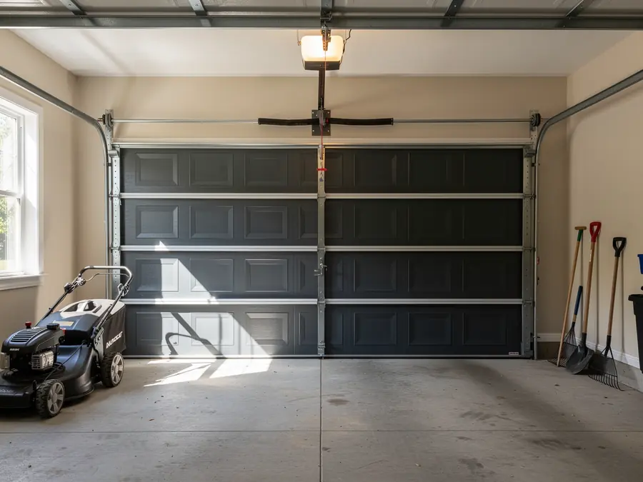 A closed dark gray garage door with an opener and a light in a garage.