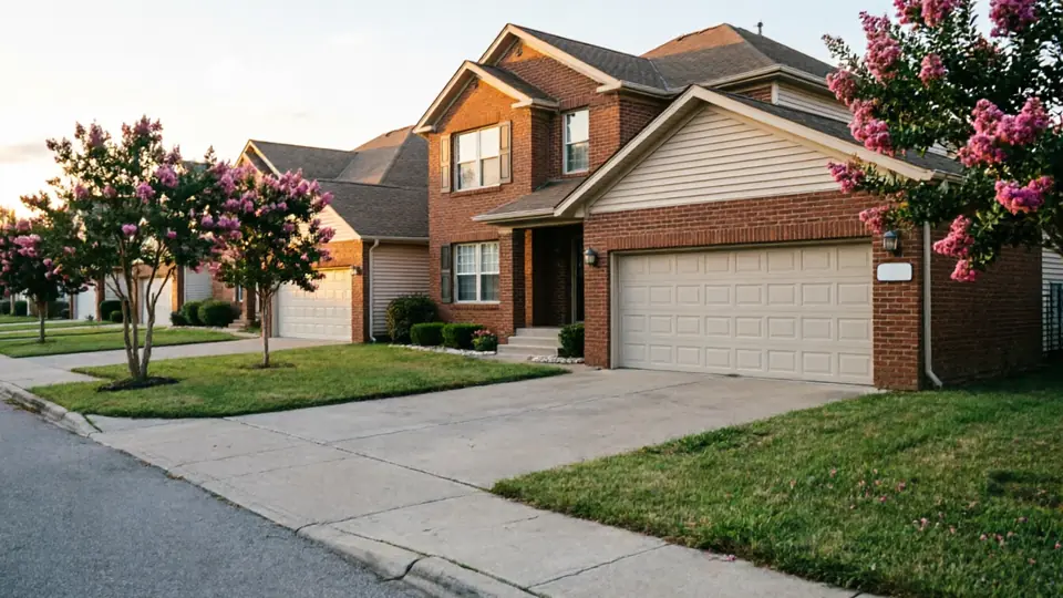 A two-story brick house with a beige garage door and pink flowering trees.